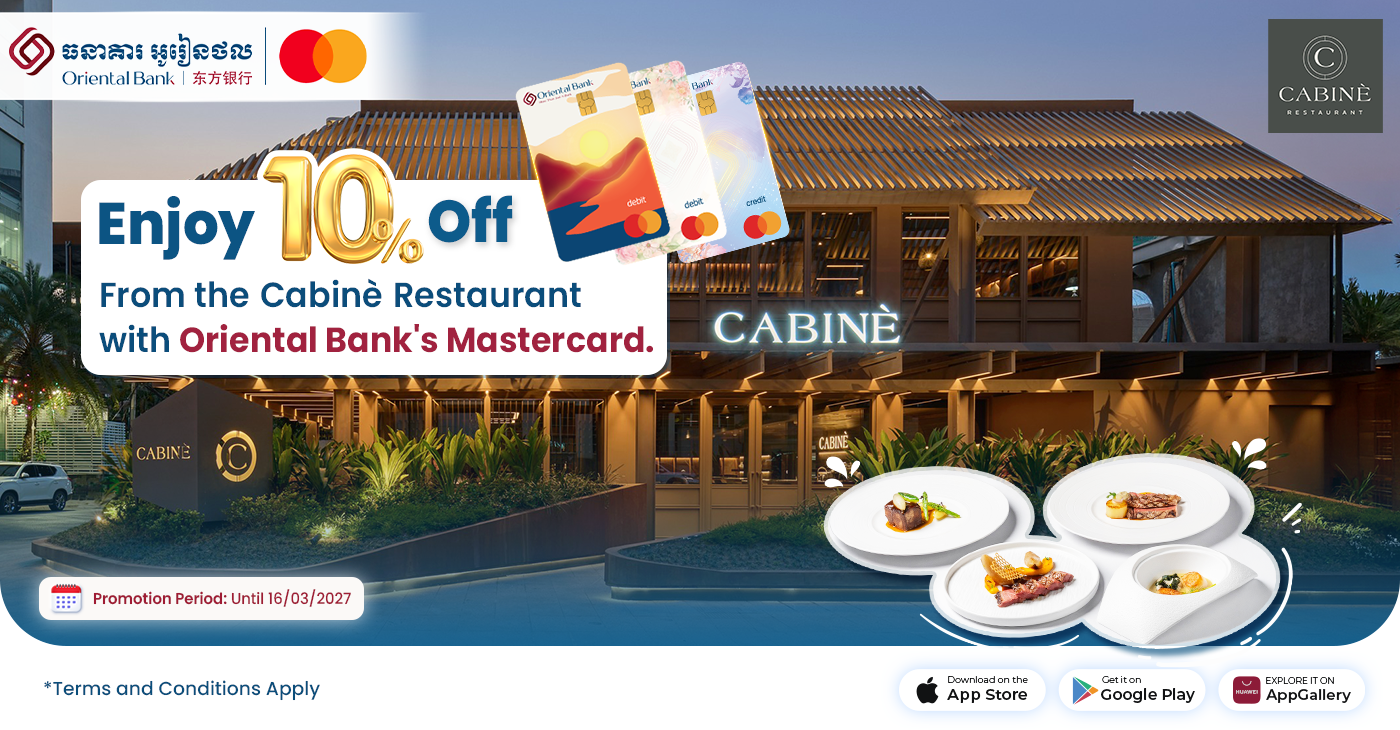 Enjoy 10% off from The Cabinè Restaurant with Oriental Bank’s card