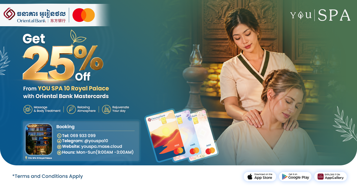 Enjoy 25% OFF with your Oriental Bank Card at You Spa 10 Royal Palace.