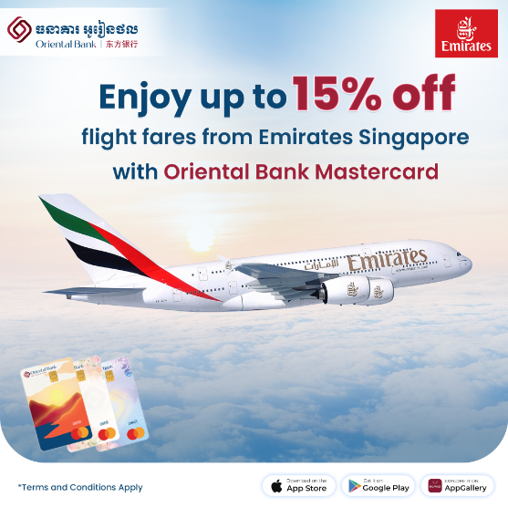 Enjoy up to 15% off flight fares from Emirates Singapore with Oriental Bank Mastercard